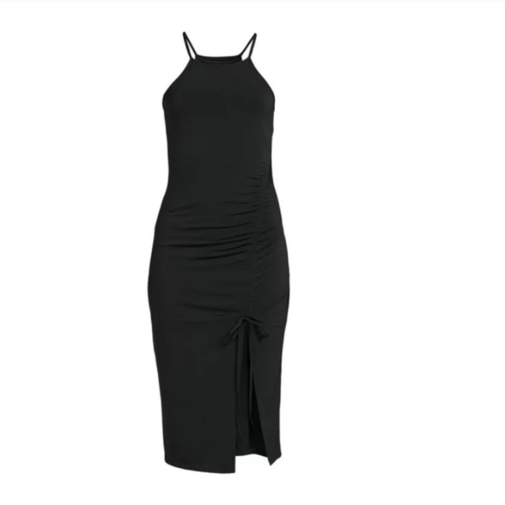 PLANET GOLD Ruched Black Midi Dress With Front Slit (Juniors) Size Small - Picture 2 of 11